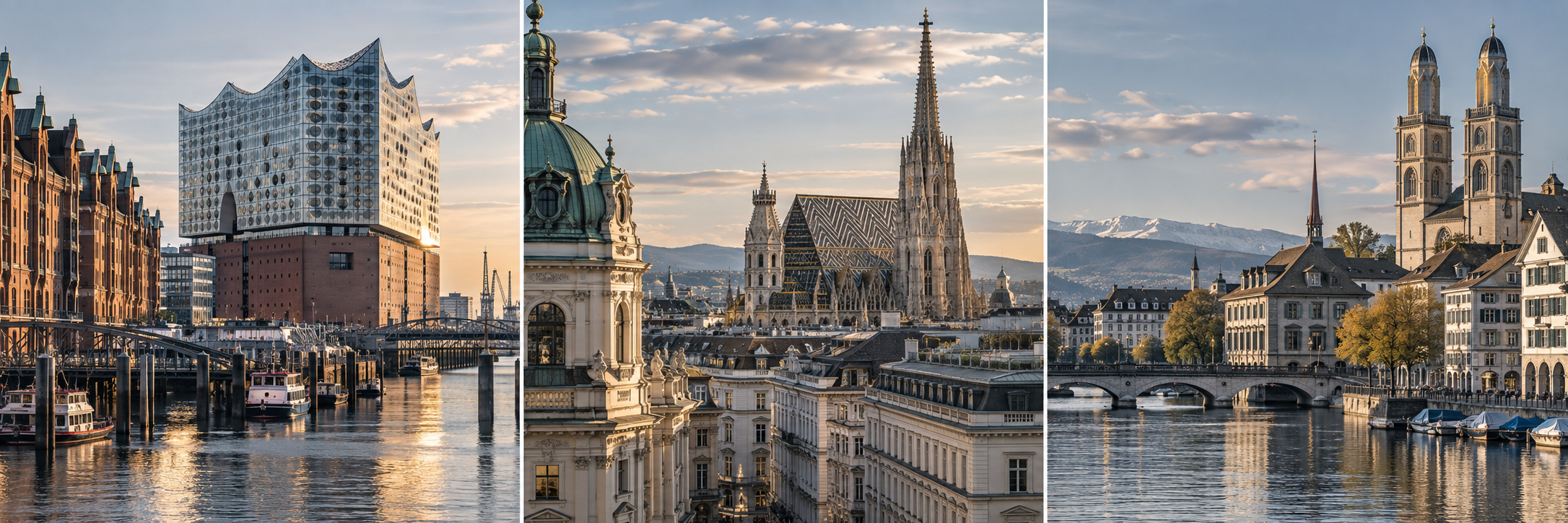 Illustrative KI-Stadtcollage mit Hamburg, Wien und Zürich